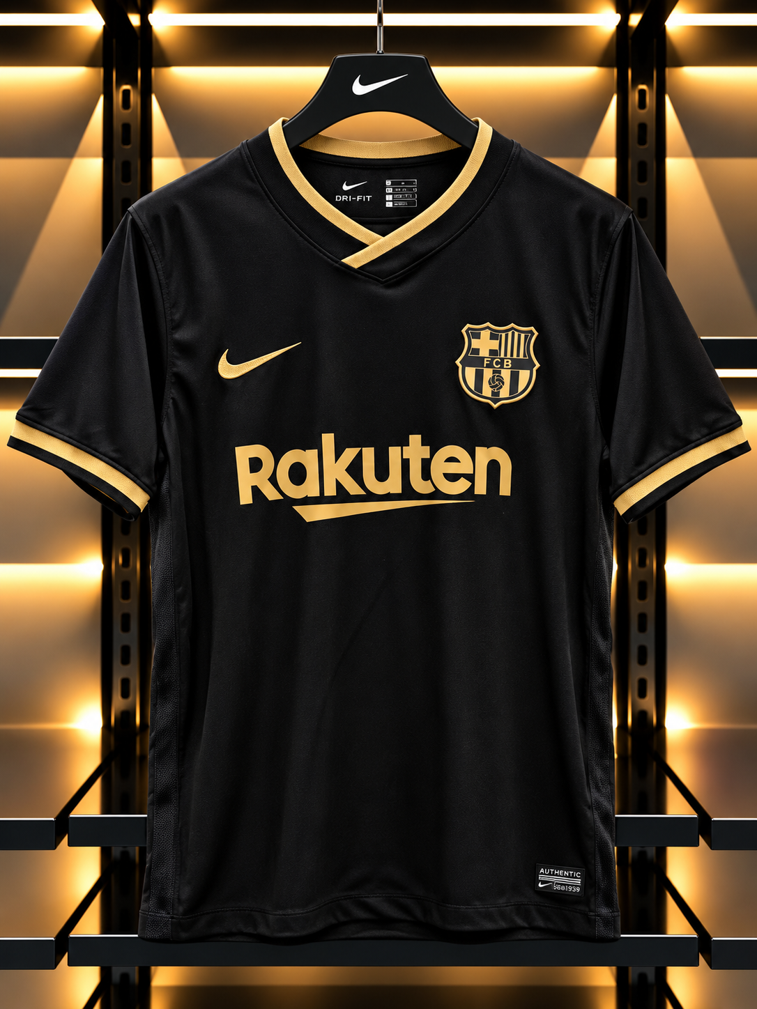 FC Barcelona Black & Gold Retro Jersey – Rakuten Edition | Classic Nike Football Shirt