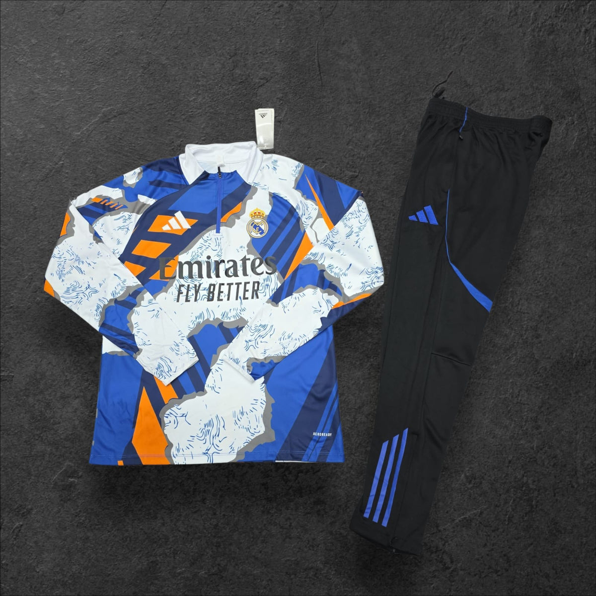 Real Madrid Training Tracksuit – White/Blue/Orange Print, Adidas, Emirates sponsor