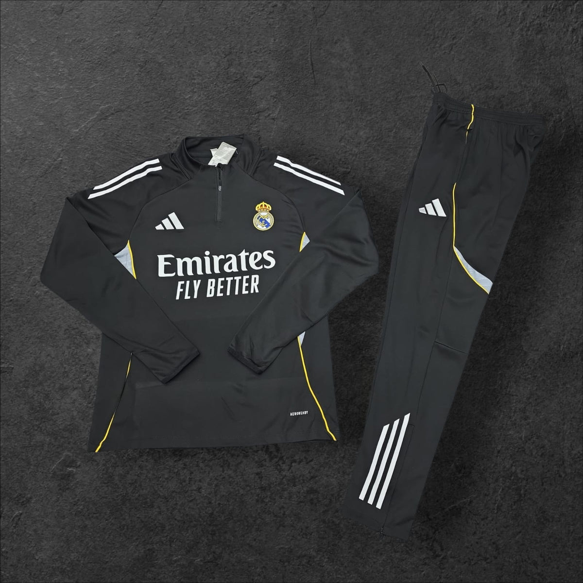 Real Madrid Training Tracksuit – Black/Yellow Trim, Adidas, Emirates sponsor