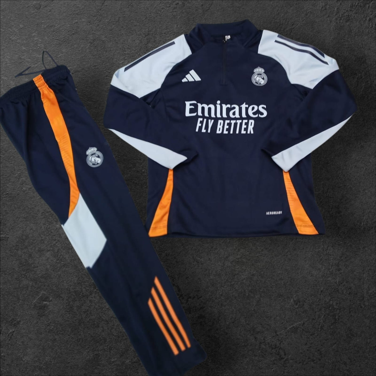 Real Madrid Training Tracksuit – Navy/White/Orange, Adidas, Emirates sponsor